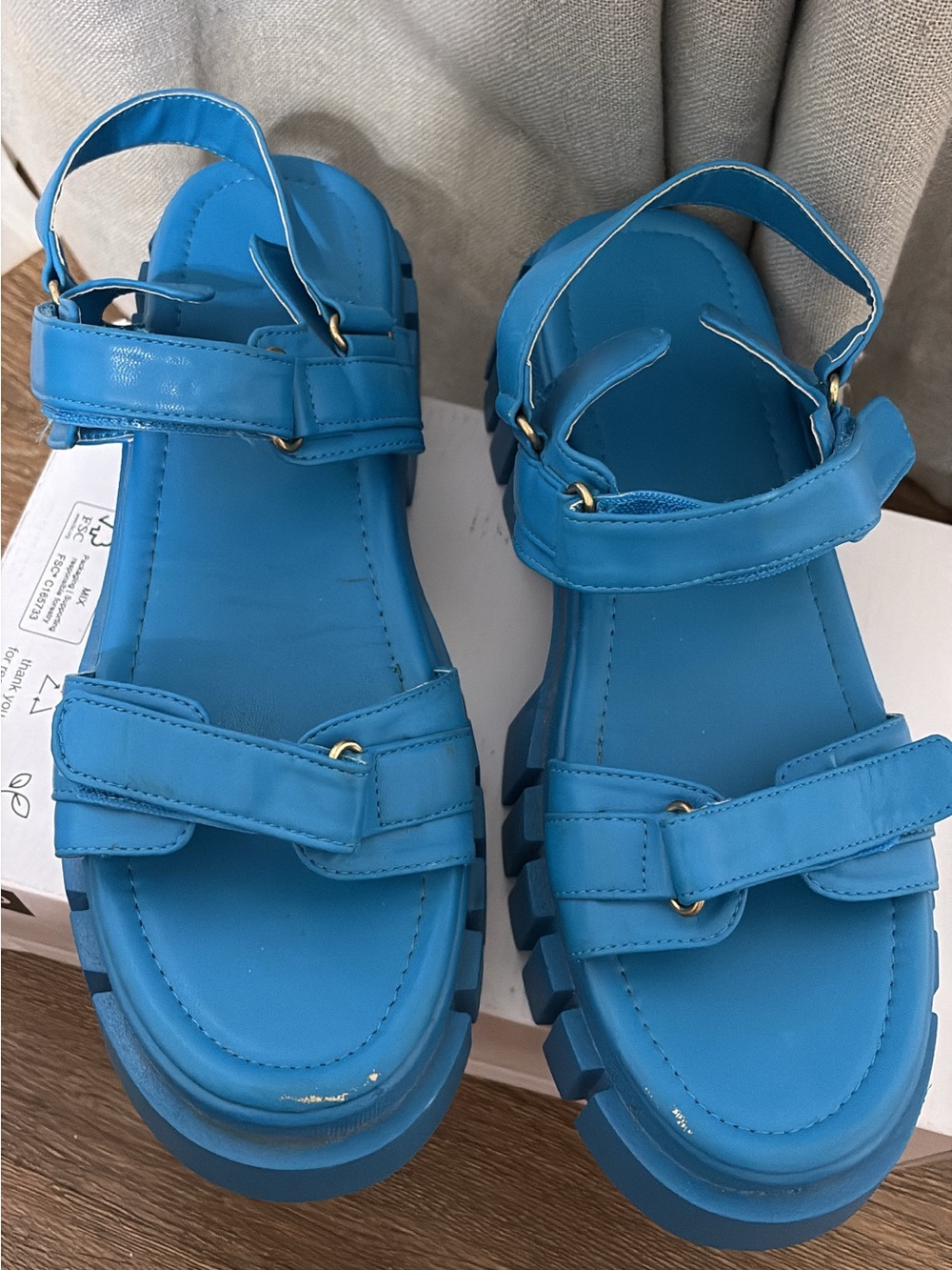 Zara Bright Blue Chunky Velcro Strap Sandals